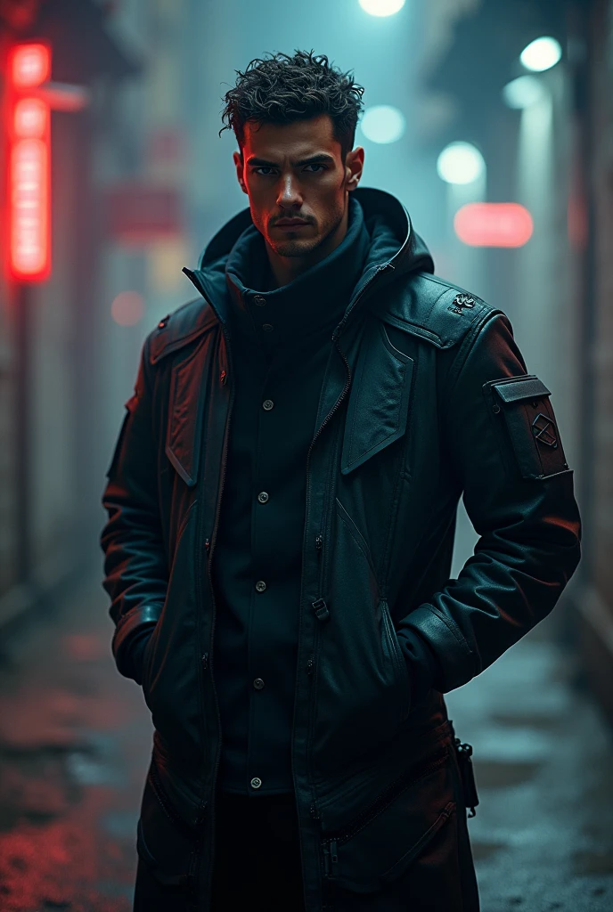 Homem com casaco cyberpunkstyle,with hands in pockets facing backwards, cyberpunkstyle