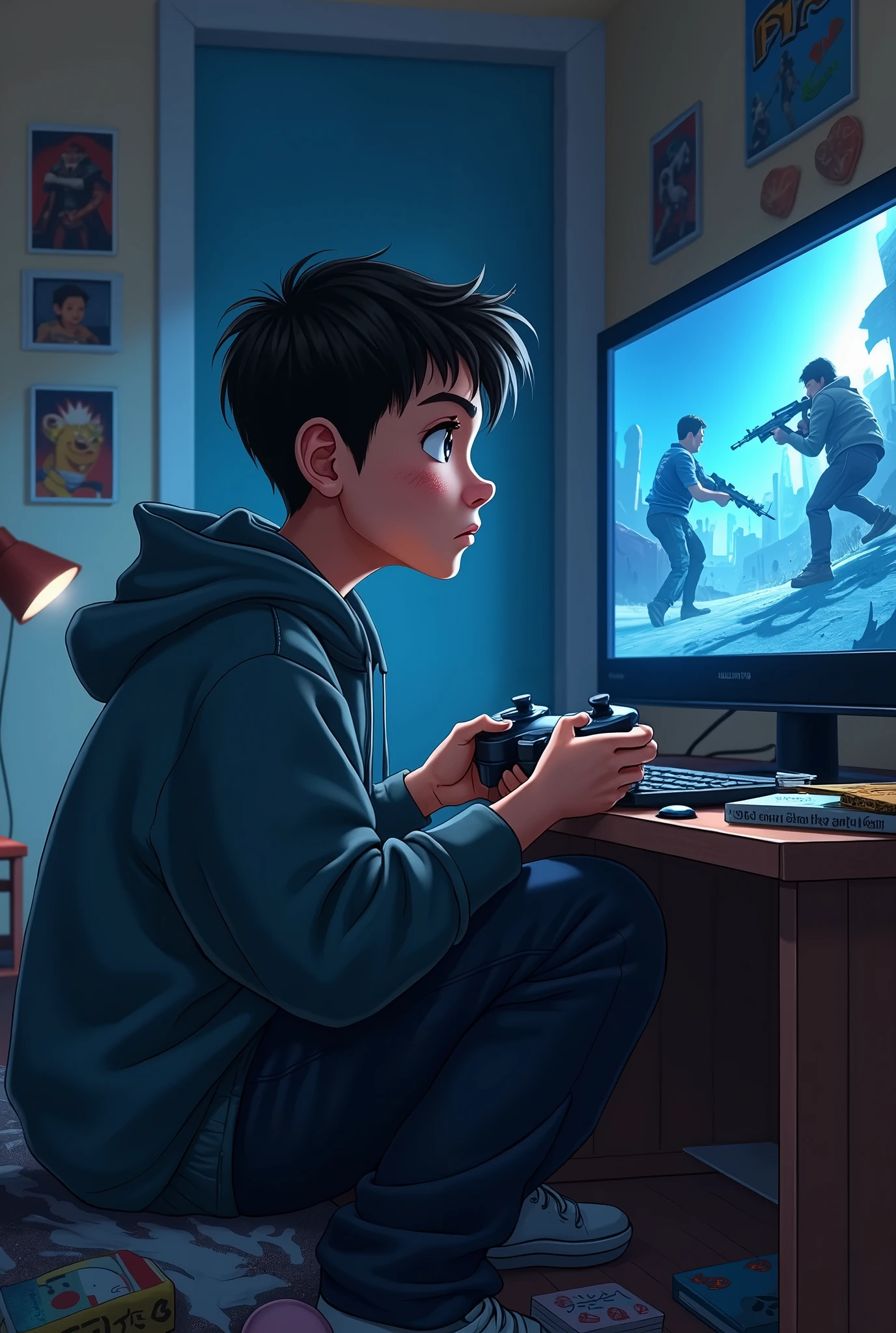 A young gamer boy, wearing a baggy hoodie and sweatpants, standing in the center of a dimly lit bedroom. The room is a testament to his passion for gaming with posters of various video game characters adorning the walls and a floor littered with game cases and snack wrappers. His attention is focused intently on the large flat-screen TV mounted on the opposite wall, which displays an intense battle scene from a first-person shooter game on PlayStation. His left hand firmly grips the console controller, thumbs dancing over the buttons with practiced agility, while his right hand hovers in the air, mirroring the actions of his in-game avatar. A noticeable bulge in the front of his pants, outlined by the tight underwear beneath the hoodie, suggests that he's playing a particularly thrilling part of the game. The light from the TV casts a soft blue glow across the room, highlighting the excitement on his face and the sweat glistening on his forehead. The PlayStation logo is reflected in his wide-open eyes, revealing his deep immersion in the virtual world. The room's only other light source is a desk lamp, casting a warm, contrasting light on a cluttered desk filled with gaming paraphernalia and textbooks, hinting at the coexistence of his gaming life with school responsibilities. The scene is framed by a slightly ajar door, through which a sliver of hallway light creeps in, suggesting the quiet of the rest of the house as he plays on into the night.