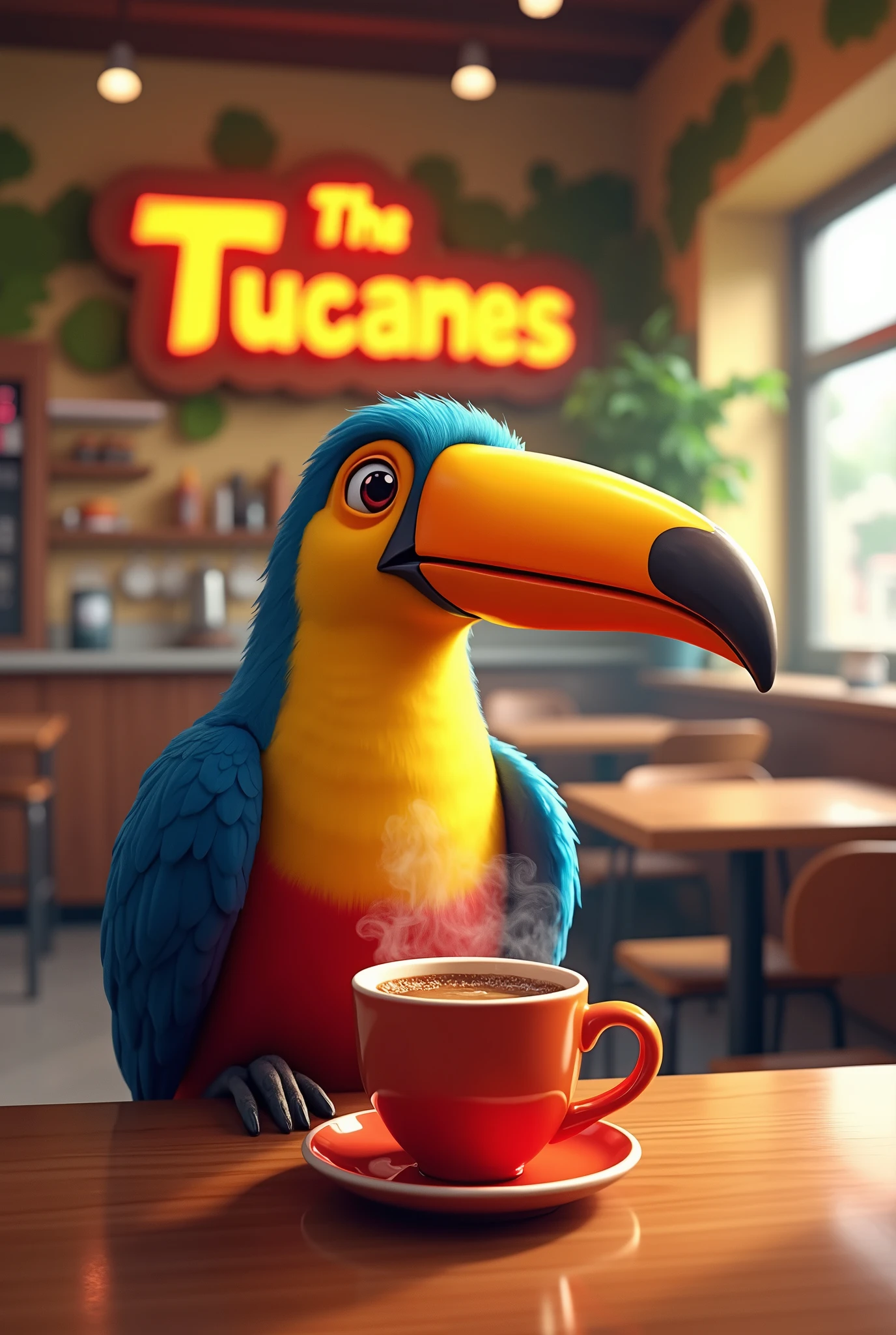 CAFETERIA LOS TUCANES WRITTEN AND A BACKGROUND OF A TOUCAN DRINKING COFFEE