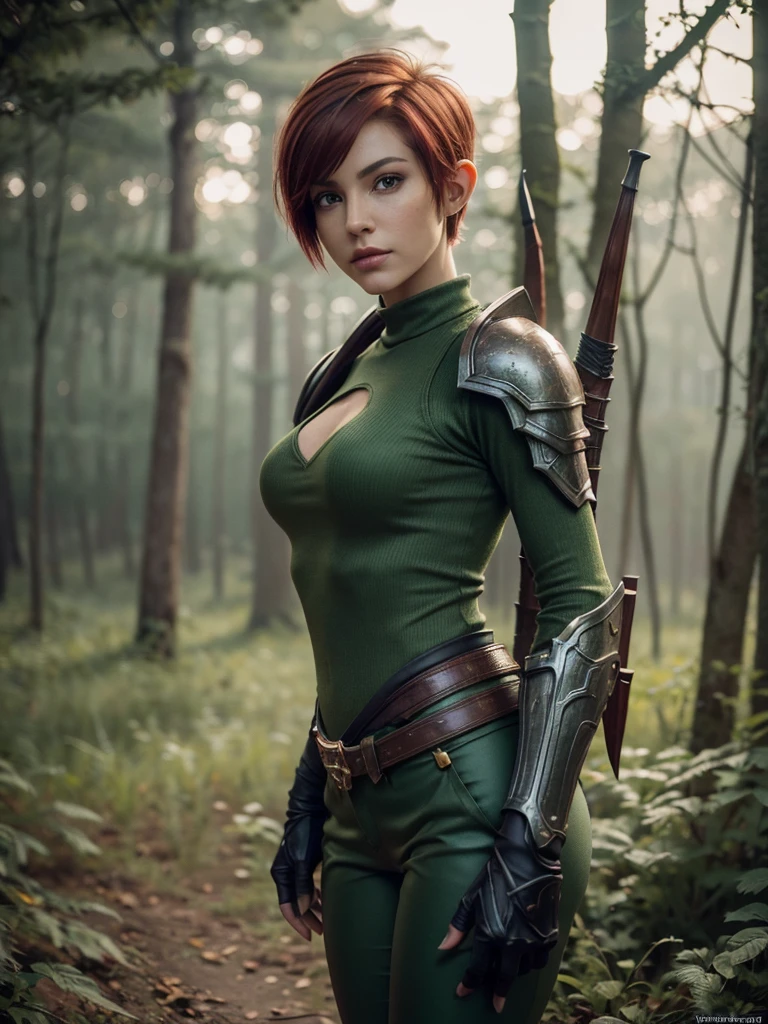 slim feminine figure, redhead, best quality, realistic skin texture, photography, film grain texture and high contrast, extremely high-resolution details, photographic, photorealistic, hyper-realistic, HDR, masterpiece, ((short pixie hair)), dressed up as a night elf hunter from world of warcraft, full green hunter armor, a green lust forest in the background, brown pants