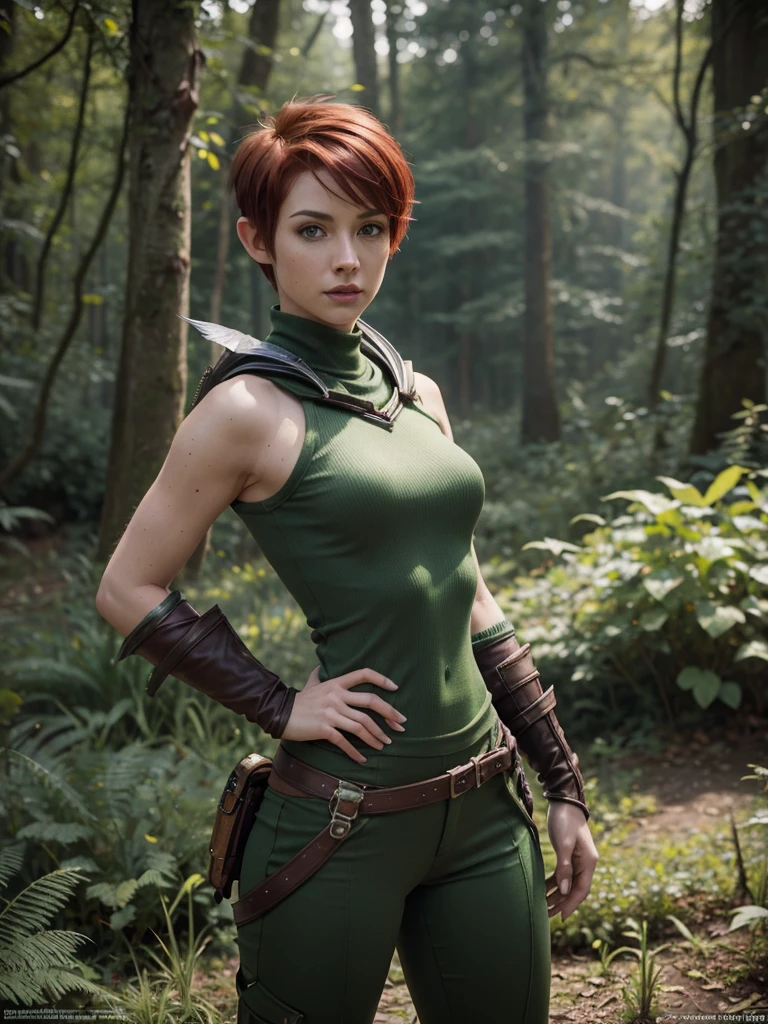 slim feminine figure, redhead, best quality, realistic skin texture, photography, film grain texture and high contrast, extremely high-resolution details, photographic, photorealistic, hyper-realistic, HDR, masterpiece, ((short pixie hair)), dressed up as a night elf hunter from world of warcraft, full green hunter armor, a green lust forest in the background, brown pants