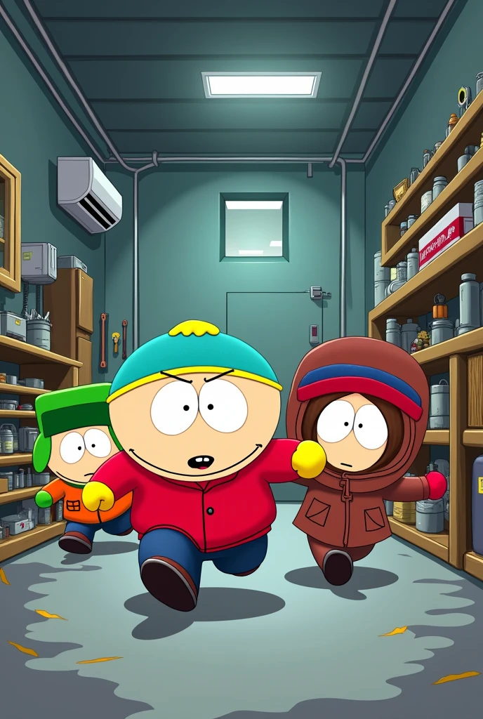 Make a drawing of the South Park series in which the characters are running in an air conditioning repair workshop
