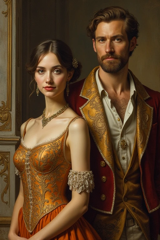 ((Baroque style painting of a beautiful couple)) earrings and bracelets, beautiful and sensual young people, lascivious and mischievous face, dressed in red, black and gold clothes in the style of the Victorian Era, clear eyes, sexy and shapely mouth, long, silky hair falling over her shoulders, ((looking at the camera)), ((Hugging each other in a garden with flowers and Greek columns)). Baroque painting