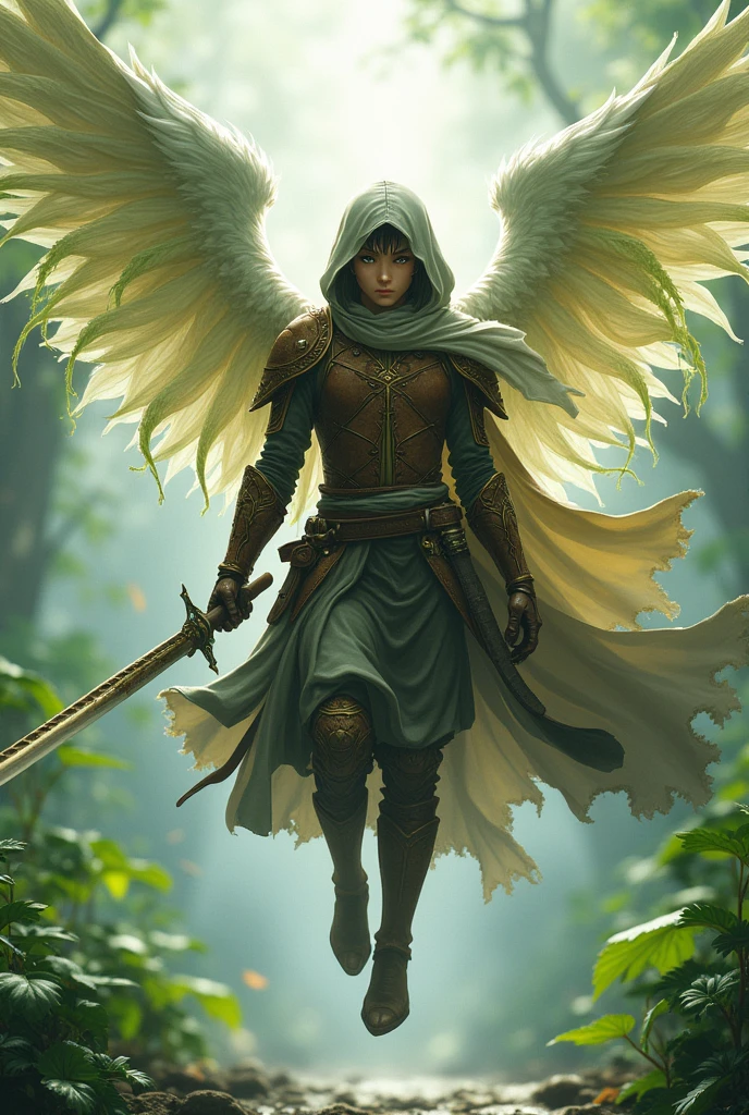 20 year old young manAngelic Warrior and aesthetic armor with a hood and a celestial aura with (Rinnegan White) a penetrating gaze with male levitating plant-like wake wings, Brown leather