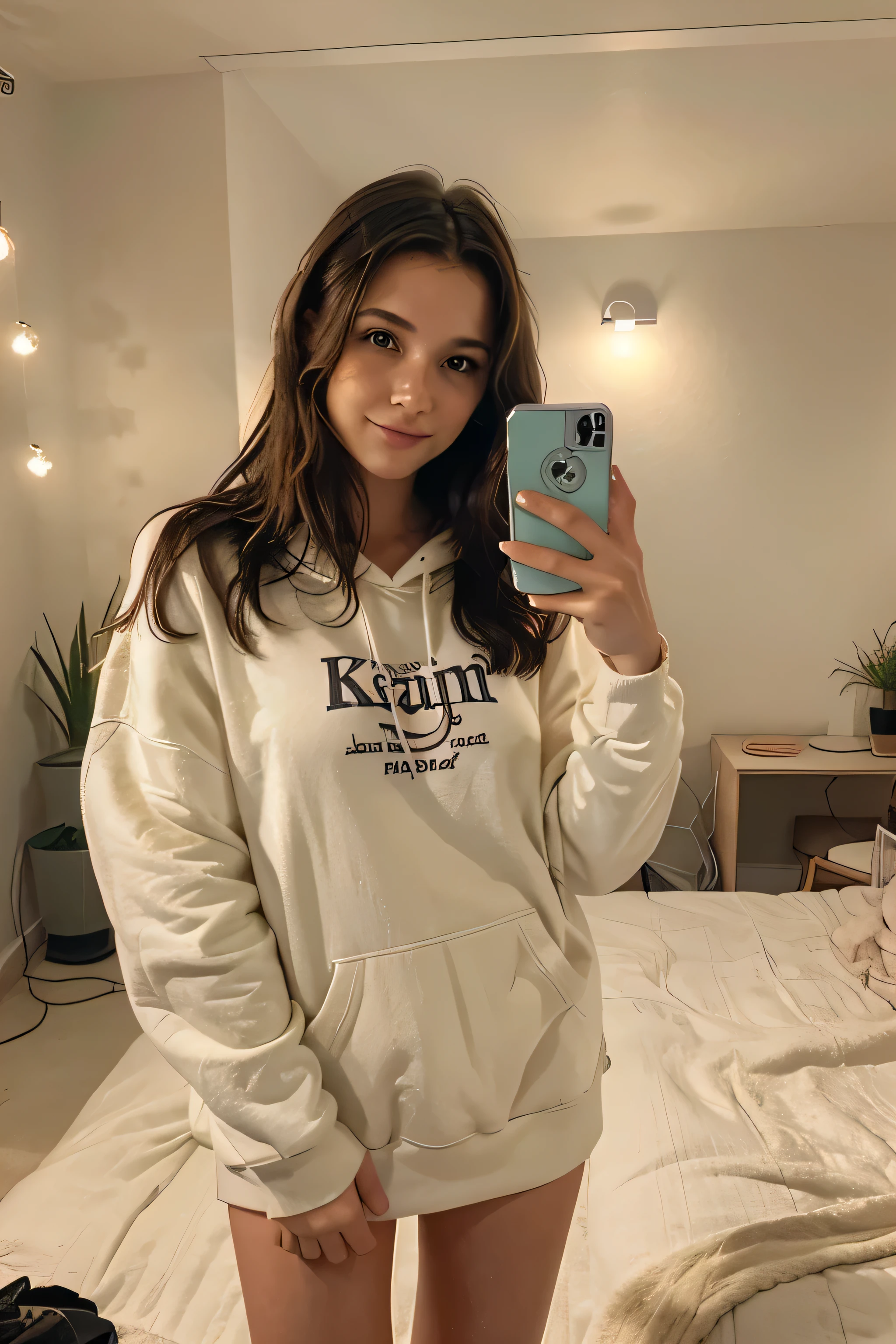 A highly realistic image of a young woman with soft, dark brown hair styled in gentle waves, framing her face with loose strands. She is standing in front of a large mirror, holding her phone with one hand as she takes a mirror selfie. Her expression is playful and relaxed, with a subtle smile. She is dressed in an oversized hoodie, which gives her a cozy and comfortable look. The background shows a modern bedroom with soft ambient lighting, featuring a neatly made bed, a gaming setup on a desk, and minimalist decor. The reflection captures the warm tones of the room, with small decorative elements like plants, posters, and LED lights that add personality to the space. The scene feels casual and inviting, highlighting both her style and the cozy atmosphere of her room