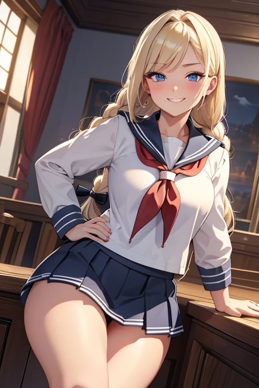 A beautiful blonde woman with three braids and deep red eyes, gazing condescendingly at the viewer with a cute grinning expression, extremely detailed, masterpiece quality, ultra-detailed, HDR, studio lighting, vivid colors, physically-based rendering, thick thighs, exective officer, (((wearing short skirt and sailor uniform))), spread legs, showing panties