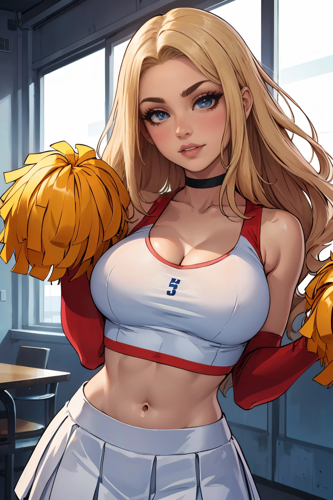 best quality, ultra high res, 1girl, mature woman, blonde long flowing hair, wearing a cheerleader outfit, white cheerleading crop top, white cheerleading skirt, white cheerleading choker, 1girl, beautiful, masterpiece, best quality, extremely detailed face, perfect lighting, 1girl, solo, best quality, ultra high res, ultra detailed,, masterpiece, best quality, cleavage, seductive smile, mature woman, perfect eyes, perfect face, perfect chin, heavy makeup (eyes, eyebrows, lips), perfect hands, seductive pose