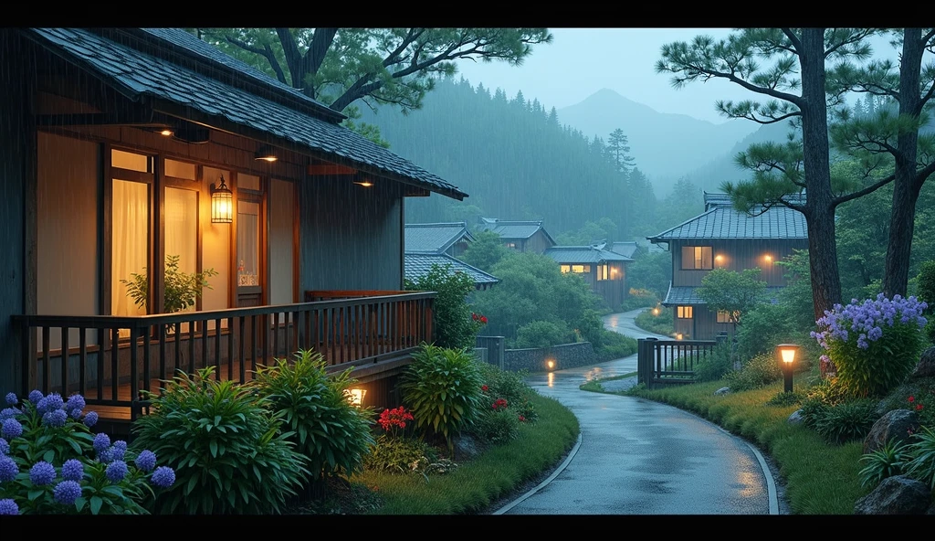  house on wet street with balcony overlooking outside in village, clear glass window, Shirakawa-go, Japan, rainy environment, (((FHD))) (((high definition))), green garden, trees, rainy day, lights, pine, night ambience,  lights cozy in the rain, lush japanese landscape, japanese house, rain, fog, , ultra-fine photography, realistic, realistic, purple, red, yellow flowers