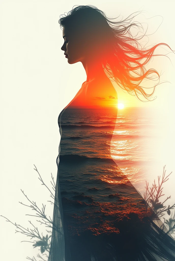 high qualiy, 8k Ultra HD, Uma linda Double exposure que combina uma silhueta de deusa com costa ao pôr do sol, the coast at sunset should serve as a backdrop, with its details incorporated into the goddess, Sharp lines, The background is monochromatic, sharp focus, Double exposure, By Yukisakura, stunning full colors.