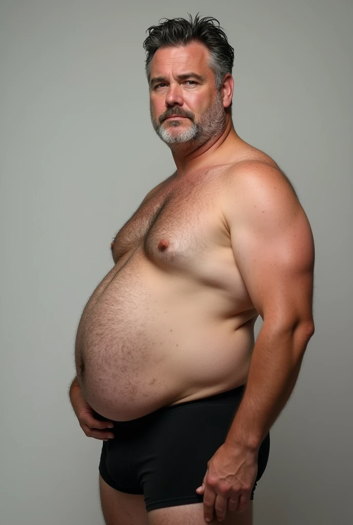 Russell Crowe 30 years old fat with protruding belly, shirtless side view, black boxer ceca, hand in underwear feeling the penis volume inside the underwear