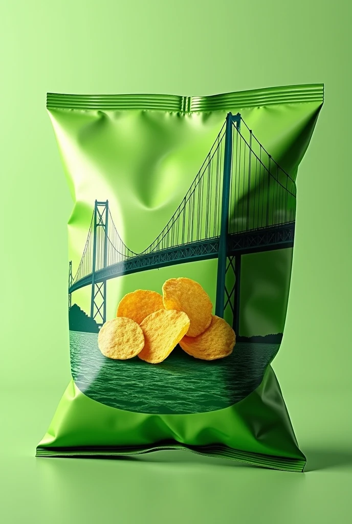 Company name yummy Packaging of green potato chips with light Hercilio bridge inside the package with Mexican onion flavor