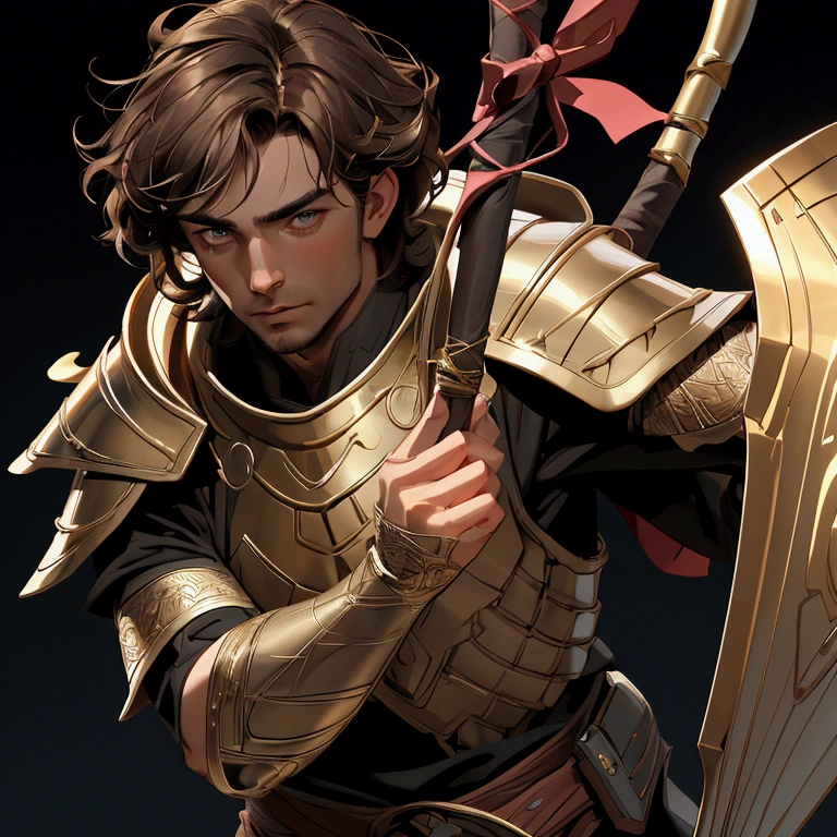 envision a 8k, highres, cinematic close up portrait of a man with a slender body, no facial hair with shaggy brown hair, and dark eyes wearing Greek god armor with a quiver, wielding a bow against a dark gray background