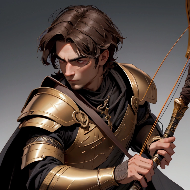 envision a 8k, highres, cinematic close up portrait of a man with a slender body, no facial hair with shaggy brown hair, and dark eyes wearing Greek god armor with a quiver, wielding a bow against a dark gray background
