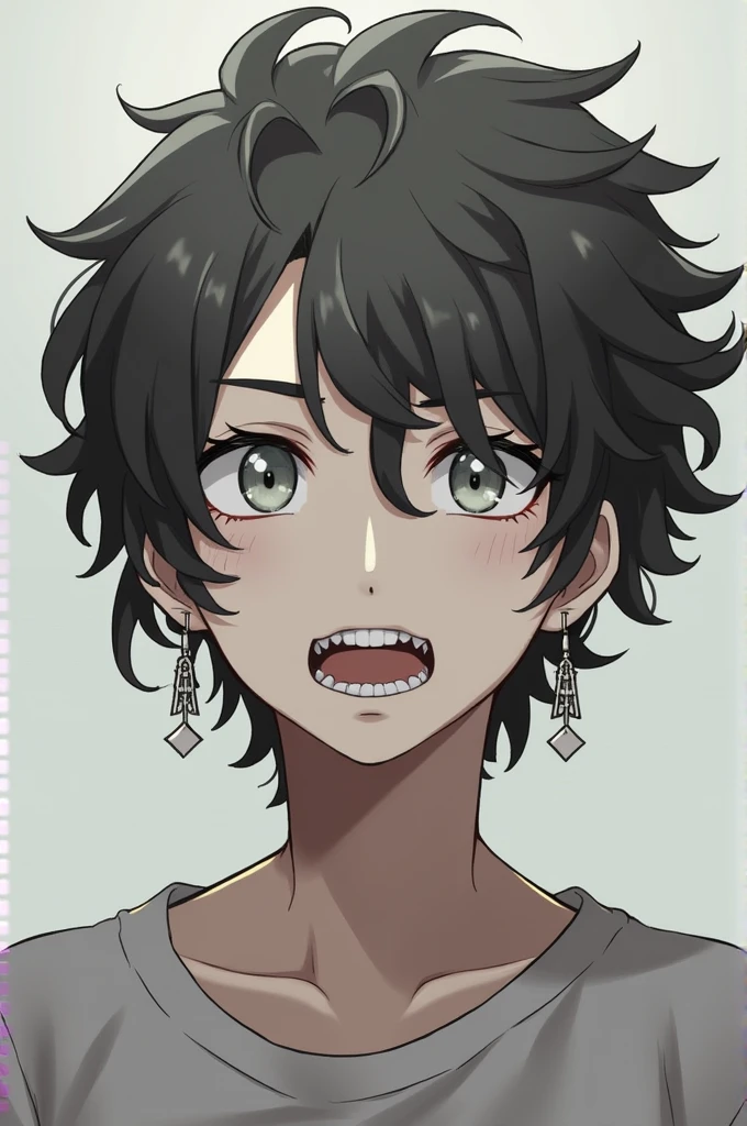 A character with just a head, white eyes, pointy teeth and curly hair with two earrings in one ear.