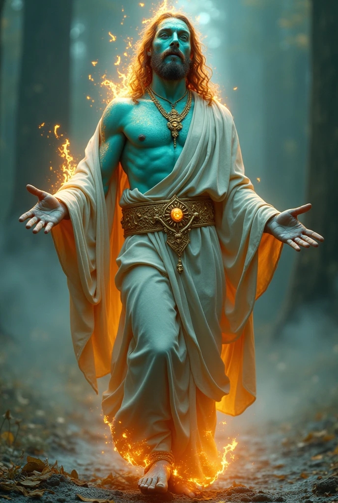 one men ,similar to Jesus, linen dress, his shoulders girded with gold.
Your body like turquoise.
your face shining like lightning.
your eyes with flames of fire, his arms and feet the color of bronze