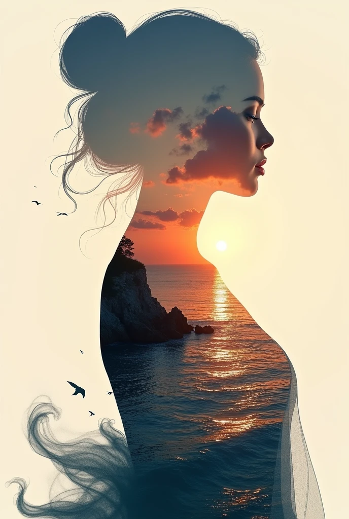 high qualiy, 8k Ultra HD, Uma linda Double exposure que combina uma silhueta de deusa com costa ao pôr do sol, the coast at sunset should serve as a backdrop, with its details incorporated into the goddess, Sharp lines, The background is monochromatic, sharp focus, Double exposure, By Yukisakura, stunning full colors.