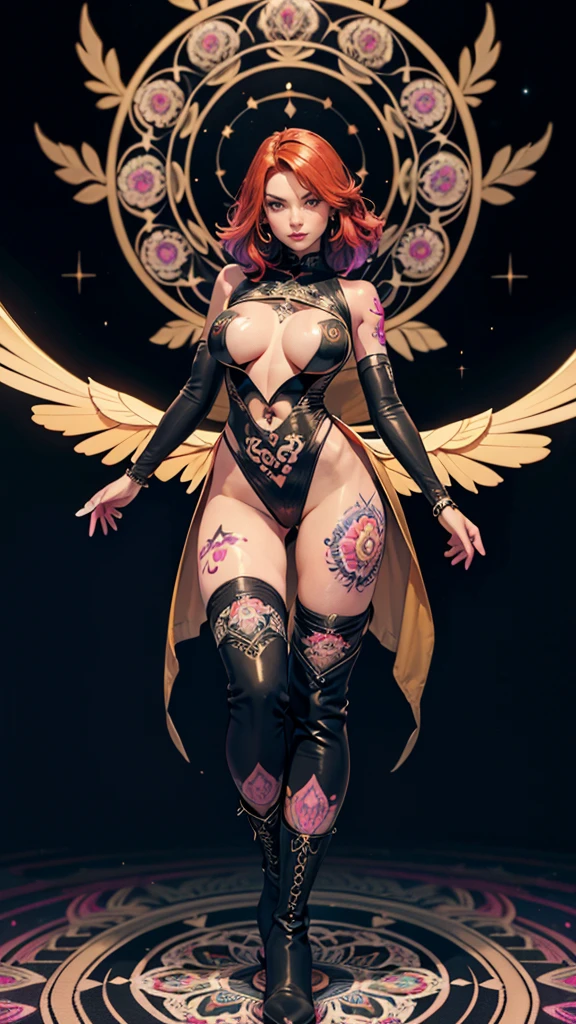 1girl, solo, Jean Grey of X-men, high leg cut out unitard of black and gold, boob window in unitard, ((thighs showing)), ((calf-high boots)), (color mandala tattoos on thighs:1.37), wings on hips, floating in space, arms out in power pose, contrapposto stance, dramatically colorful cosmic background, moody lighting, 16k, best quality, masterpiece, (wide angle:1.27), full length portrait