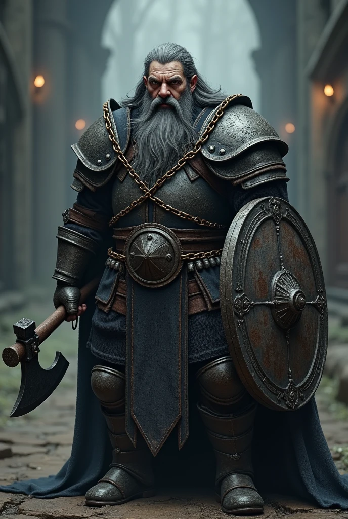 A gloomy, grim fantasy dwarf in full chain armour, (no rust), middle aged man, with long dark grey beard, which is braided, decorated with iron rings, long dark grey hair, which are braided, decorated with iron rings, holds a battle axe in one hand and an iron shield in the other