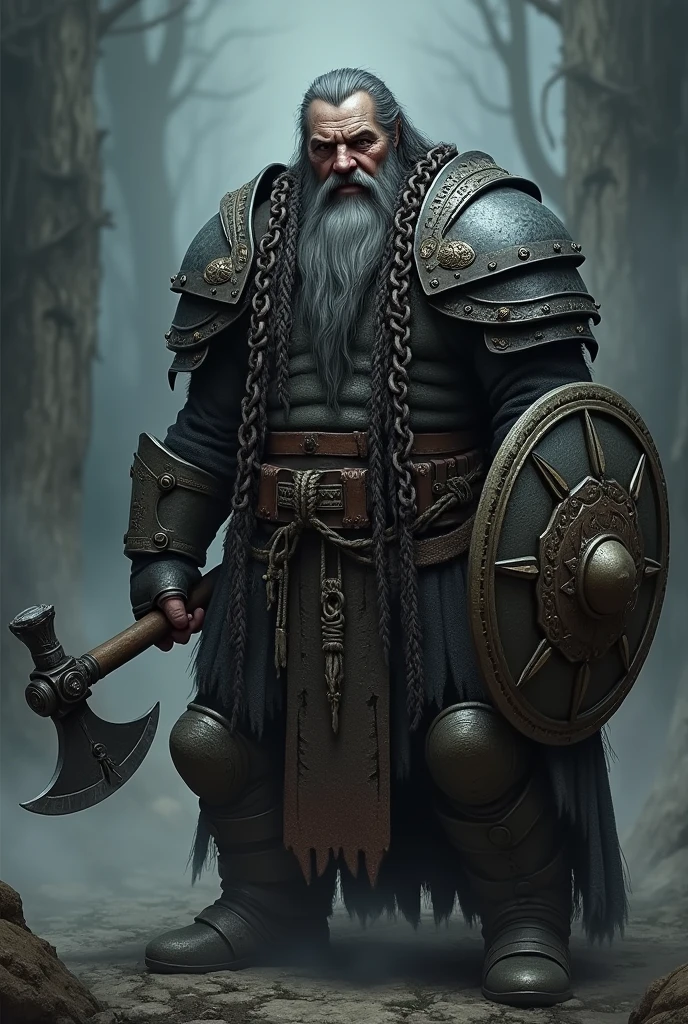 A gloomy, grim fantasy dwarf in full chain armour, (no rust), middle aged man, with long dark grey beard, which is braided, decorated with iron rings, long dark grey hair, which are braided, decorated with iron rings, holds a battle axe in one hand and an iron shield in the other