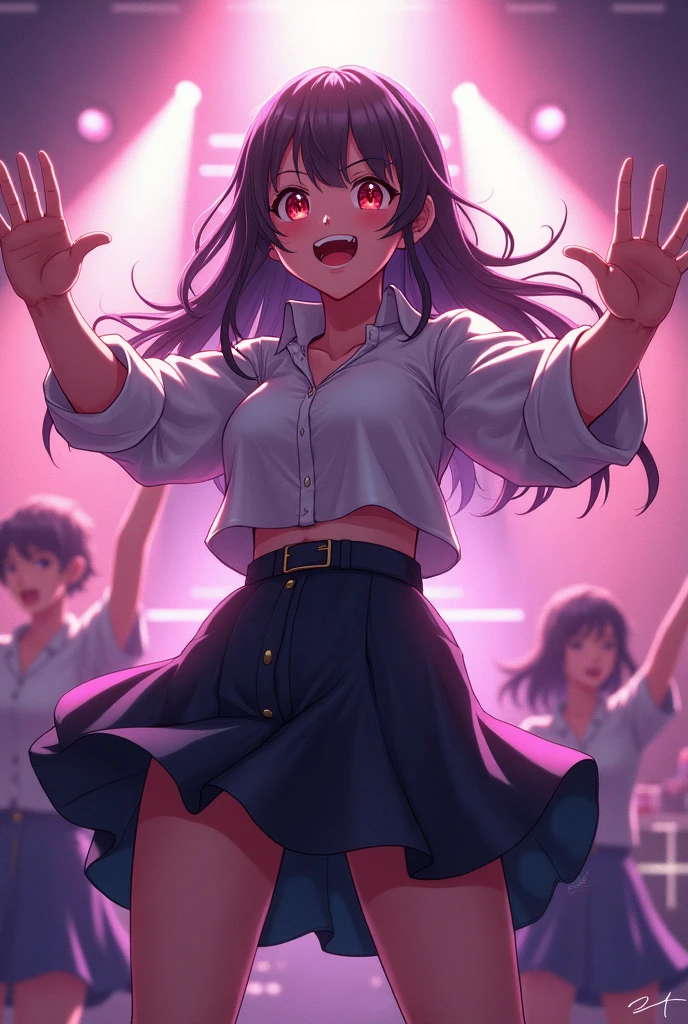 A medium shot of an anime girl leading the practice while the rest of the band follows her.. There is a strong focus on Miyu's expressiveness and room-filling music..