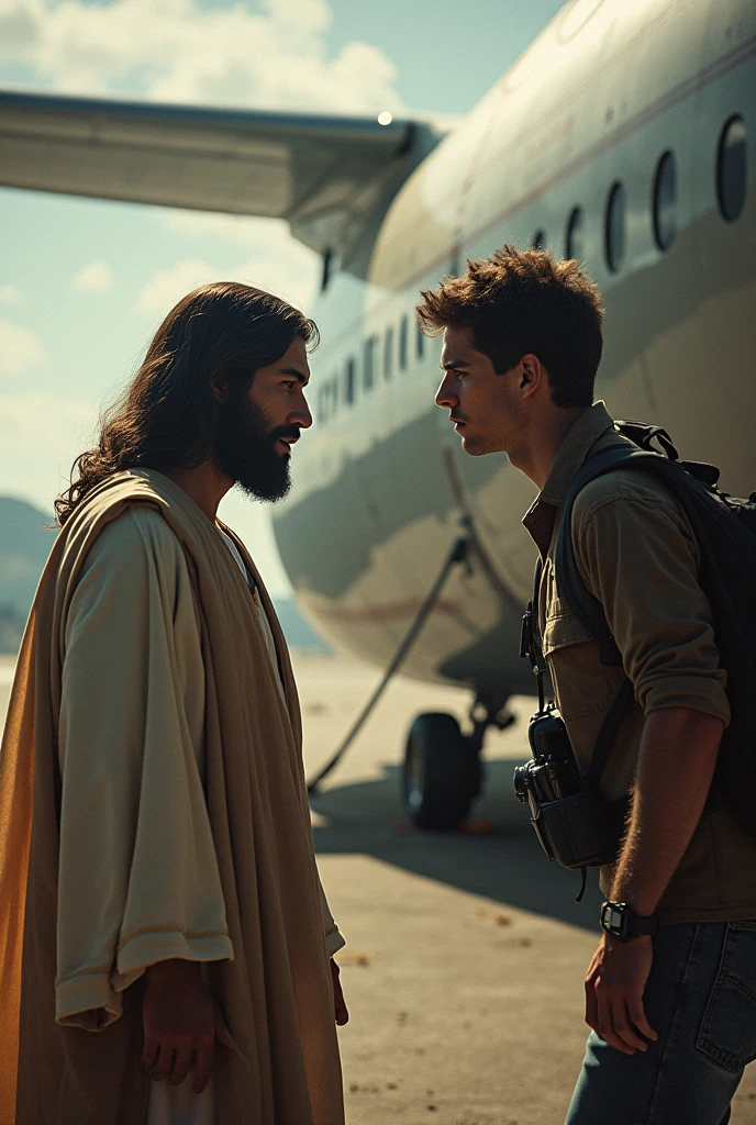 Create a picture that shows Jesus and a young 2 man in a dramatic scene. Jesus must be looking straight ahead with an expression of concern and compassion, while the boy, also looking straight ahead, is trying to sabotage a plane. The background must include the plane in question, with details that suggest attempted sabotage. The scene could take place in an airport environment or in an aircraft maintenance area. The image should capture the contrast between Jesus' serene posture and the boy's action, highlighting the tension of the moment."