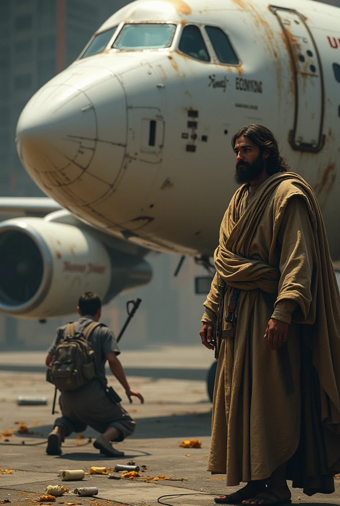 Create a picture that shows Jesus and a young 2 man in a dramatic scene. Jesus must be looking straight ahead with an expression of concern and compassion, while the boy, also looking straight ahead, is trying to sabotage a plane. The background must include the plane in question, with details that suggest attempted sabotage. The scene could take place in an airport environment or in an aircraft maintenance area. The image should capture the contrast between Jesus' serene posture and the boy's action, highlighting the tension of the moment."