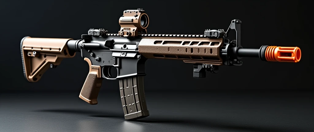 A highly detailed, photorealistic, 8K photograph of a custom-modified modern M4A1 carbine rifle, bronze-colored handguard, LVOA-C style configuration, studio lighting, hyperrealistic, masterful lighting and shading, cinematic composition, intricate textures, premium quality