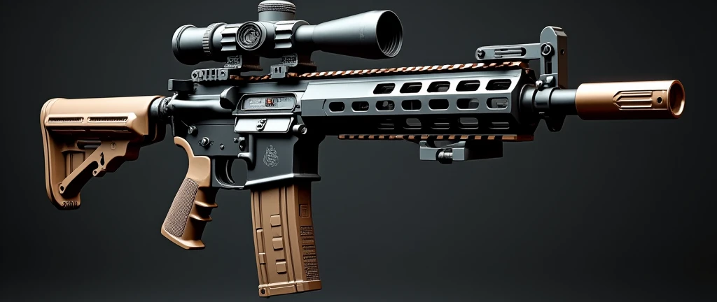 A highly detailed, photorealistic, 8K photograph of a custom-modified modern M4A1 carbine rifle, bronze-colored handguard, LVOA-C style configuration, studio lighting, hyperrealistic, masterful lighting and shading, cinematic composition, intricate textures, premium quality