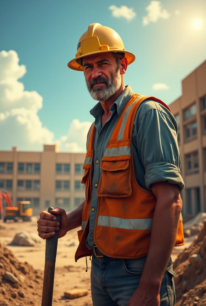 Image: The white student (man) works in a construction site, with a shovel in his hand and sweat running down his face. A scorching sun and the noise of tools are seen. In the background, A school can be seen in the distance.. that the image is wide