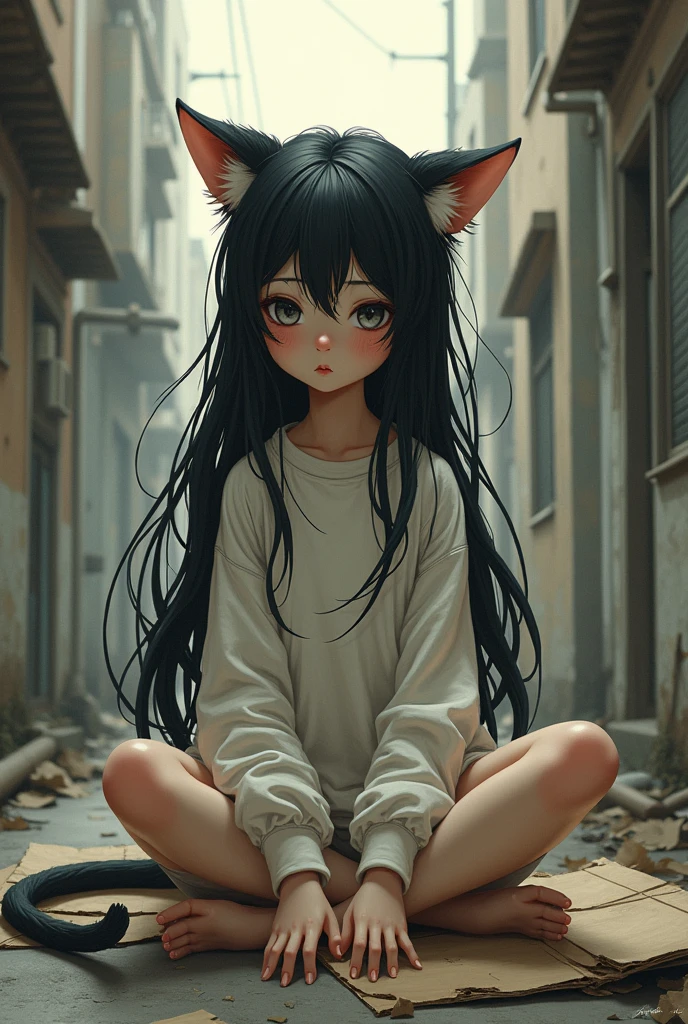 Cat girl with black long hair and long tshirt, sitting on the piece of cardboard between two houses