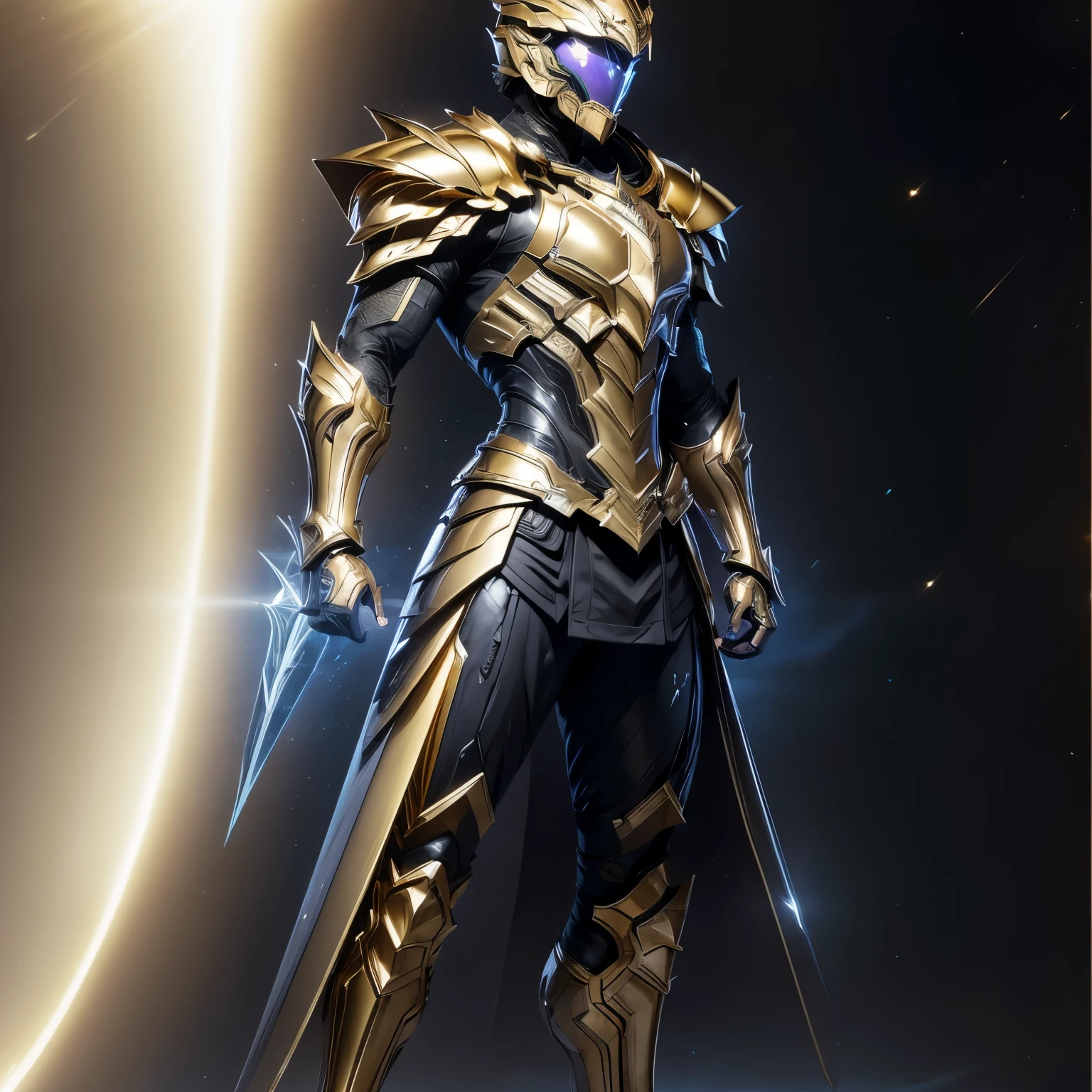 It's a man. The image presents a highly detailed and futuristic armor designed for a male warrior. The armor combines elements from different parts to create a cohesive and powerful look. Helmet: The helmet features a sleek, aerodynamic design with a golden metallic finish. It has a central crest that rises upwards, and the visor glows with a bright blue light, giving it a high-tech, futuristic appearance. Pauldrons (Shoulder Pads): The shoulder pads are designed to be close to the chest, with angular lines extending smoothly toward the shoulders. They have a polished golden finish and curve elegantly upward, creating a harmonious transition between the chest and shoulders, while providing a majestic and protective look. Chest Plate: The chest plate is intricately segmented, with a combination of gold and dark metallic blue. It has a gem-like crystal in the center that emits a soft, mystical glow. The design of the chest plate is both protective and regal, with sharp, angular lines that add to the overall futuristic aesthetic. Arm Guards: The arm guards are sleek and streamlined, with articulated golden and purple segments that offer flexibility and protection. The design of the gauntlets is both robust and elegant, incorporating futuristic elements that blend with the classic style. Leg Armor: The legs are armored with segmented plates that are primarily gold and purple. The boots are angular and sturdy, with a design that conveys both strength and agility. The overall look of the leg armor is grounded yet sleek, completing the ensemble with a powerful stance. The background of the image is a dark cosmic scene, filled with distant stars and nebulae that highlight the polished surfaces of the armor. Dynamic lighting is used to emphasize the key features, particularly the glowing visor and central chest gem, reinforcing the mystical and imposing nature of the warrior.