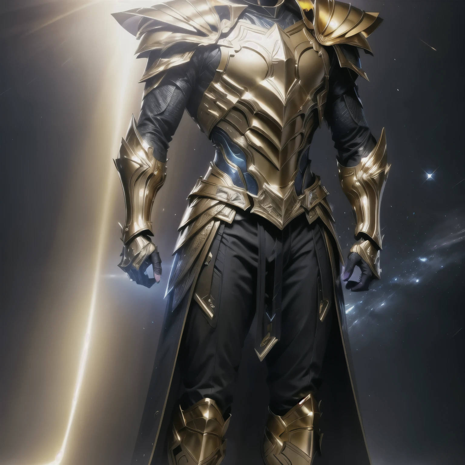 It's a man. The image presents a highly detailed and futuristic armor designed for a male warrior. The armor combines elements from different parts to create a cohesive and powerful look. Helmet: The helmet features a sleek, aerodynamic design with a golden metallic finish. It has a central crest that rises upwards, and the visor glows with a bright blue light, giving it a high-tech, futuristic appearance. Pauldrons (Shoulder Pads): The shoulder pads are designed to be close to the chest, with angular lines extending smoothly toward the shoulders. They have a polished golden finish and curve elegantly upward, creating a harmonious transition between the chest and shoulders, while providing a majestic and protective look. Chest Plate: The chest plate is intricately segmented, with a combination of gold and dark metallic blue. It has a gem-like crystal in the center that emits a soft, mystical glow. The design of the chest plate is both protective and regal, with sharp, angular lines that add to the overall futuristic aesthetic. Arm Guards: The arm guards are sleek and streamlined, with articulated golden and purple segments that offer flexibility and protection. The design of the gauntlets is both robust and elegant, incorporating futuristic elements that blend with the classic style. Leg Armor: The legs are armored with segmented plates that are primarily gold and purple. The boots are angular and sturdy, with a design that conveys both strength and agility. The overall look of the leg armor is grounded yet sleek, completing the ensemble with a powerful stance. The background of the image is a dark cosmic scene, filled with distant stars and nebulae that highlight the polished surfaces of the armor. Dynamic lighting is used to emphasize the key features, particularly the glowing visor and central chest gem, reinforcing the mystical and imposing nature of the warrior.