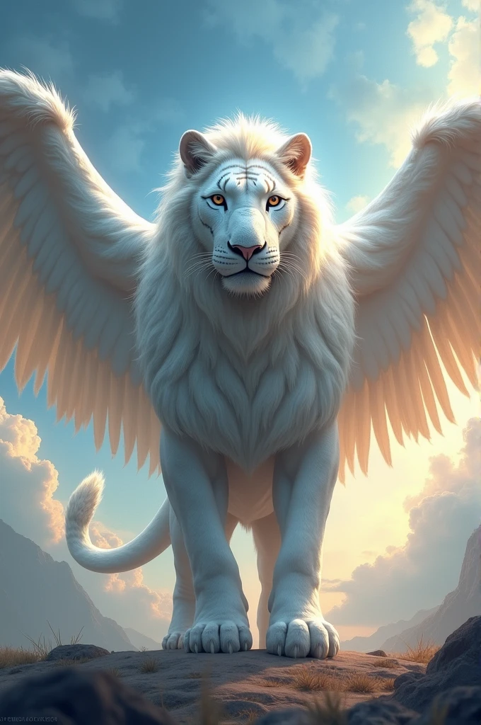 White lion tiger face with huge wings 
