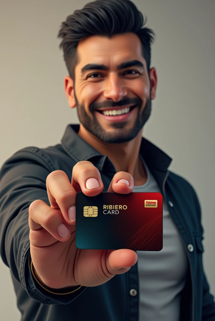 Strong and muscular man from Iran, smooth-faced and short-haired, casual clothes, Grinning, showing a credit card with red and black colors, written on it “RIBEIRO CARD” in capital letters.
