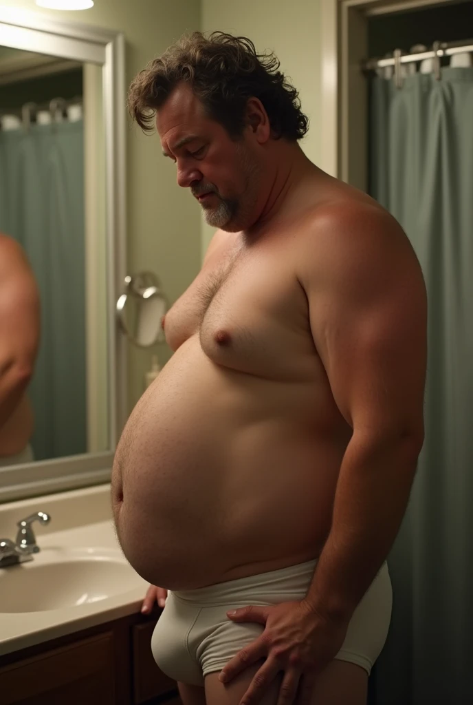 Russell Crowe 30 years old fat with protruding belly, shirtless side view, in the bathroom, white boxer briefs, hand in underwear feeling the penis volume inside the underwear