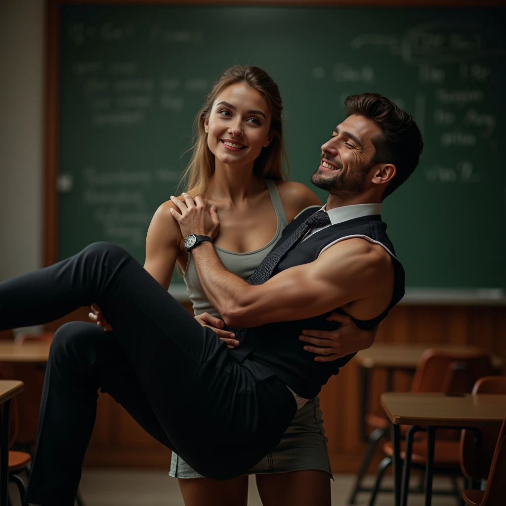 A strong young athletic teenage woman, muscular arms, lifting and carrying an older man in business attire, classroom background, coy smile, sleeveless top, short skirt, photorealistic, 8k, hyperdetailed, dramatic lighting, cinematic composition, powerful, dynamic, chiaroscuro, sophisticated, elegant, masterpiece