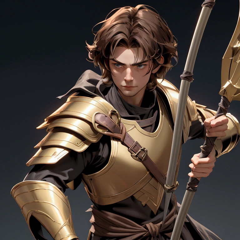envision a 8k, highres, cinematic close up portrait of a man with a slender body, no facial hair with shaggy brown hair, and dark eyes wearing Greek god armor with a quiver, wielding a bow against a dark gray background
