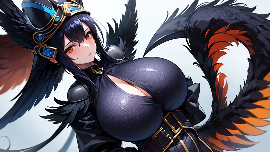 est quality, ((gigantic breasts)), black hair, Has orange wings on his head, The tips of the bangs are blue, Has black tail feathers, The tips of the bangs are blue, Has black tail feathers, wearing a black hat (helmet),maltiple girl