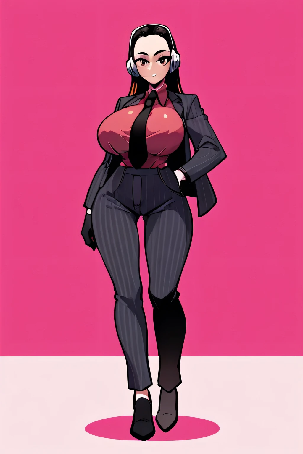 score_9, score_8_up, score_7_up, score_6_up, score_5_up, score_4_up, (source_anime), huge breasts, (1girl),(masterpiece, best quality, ultra-detailed, super high resolution), anime style, 1girl, custom-made wine-colored long sleeve gabardine shirt with no visible buttons, black striped fitted dress pants, sleek and form-fitting, large headphones on head, simple dynamic pose, confident stance, minimalistic background, full-body view, smooth shading, clean lines, vibrant colors, cinematic lighting, Speaker Woman, humanoid female with a large red speaker for a head, sleek black pinstripe suit, fitted jacket with a tie, long sleeves, form-fitting pants, confident and assertive pose, black gloves, glowing red, vibrant red background, siple lighting, dynamic composition, smooth shading, clean lines, clear focus, full-body view, real human body, robot_head_speaker_woman, robot_head, Black full body suit elegant with stripes with, Red shirt underneath, normal breast,score_9, score_8_up, score_7_up, score_6_up, score_5_up, score_4_up, source_anime, , Glados, standing, mechanical parts, humandoid robot