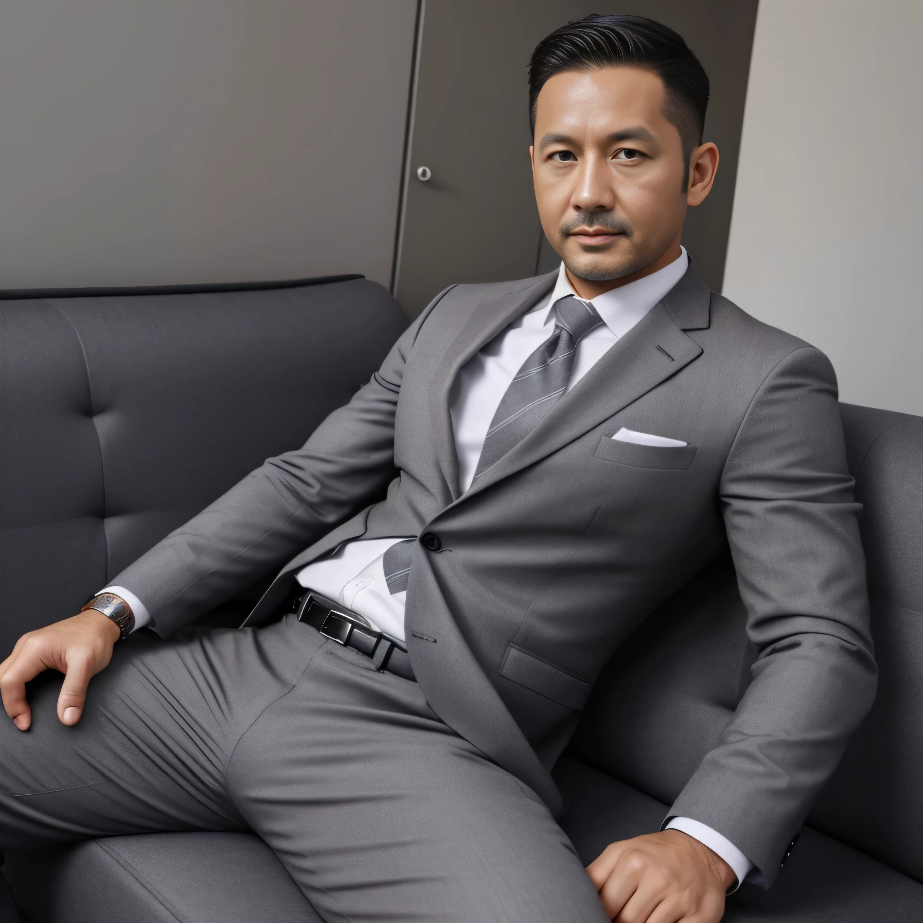 40 years old,One Man,Grey Suit,、Salaryman、Bedroom、sofa、Spread your legs and sit back deeply、,,logic,Gay ,Very short hair、,Stubble, ,Asian Faces,、The crotch area of my trousers is swollen Handsome