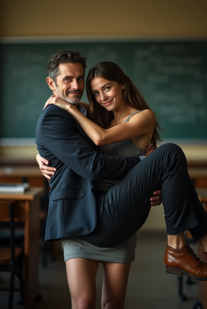A strong young athletic teenage woman, muscular arms, lifting and carrying an older man in business attire, classroom background, coy smile, sleeveless top, short skirt, photorealistic, 8k, hyperdetailed, dramatic lighting, cinematic composition, powerful, dynamic, chiaroscuro, sophisticated, elegant, masterpiece