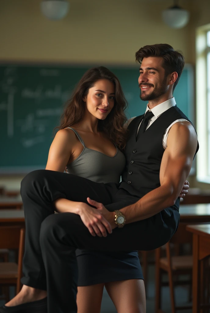 A strong young athletic age woman, muscular arms, lifting and carrying an older man in business attire, classroom background, coy smile, sleeveless top, short skirt, photorealistic, 8k, hyperdetailed, dramatic lighting, cinematic composition, powerful, dynamic, chiaroscuro, sophisticated, elegant, masterpiece