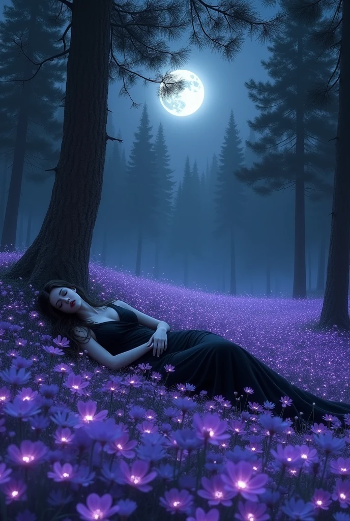 Woman with long dark hair, wearing a long black dress, sleeps in a forest clearing on a dark moonlit night. It is located in the middle of several luminescent purple flowers and around it are tall pine trees.