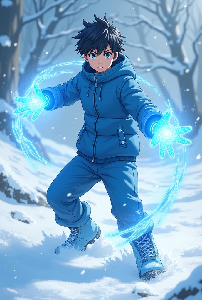 An anime boy in blue clothes with the power of ice