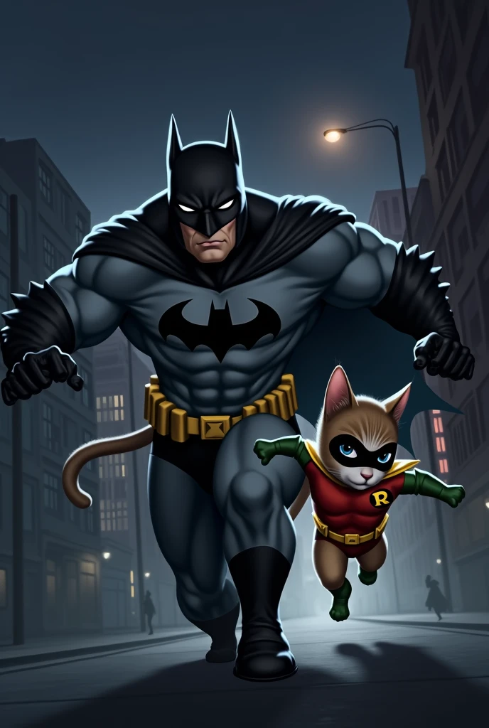Make the two cats look like the ones in the picture in a Gotham environment, as if they were both characters: Batman e Robin