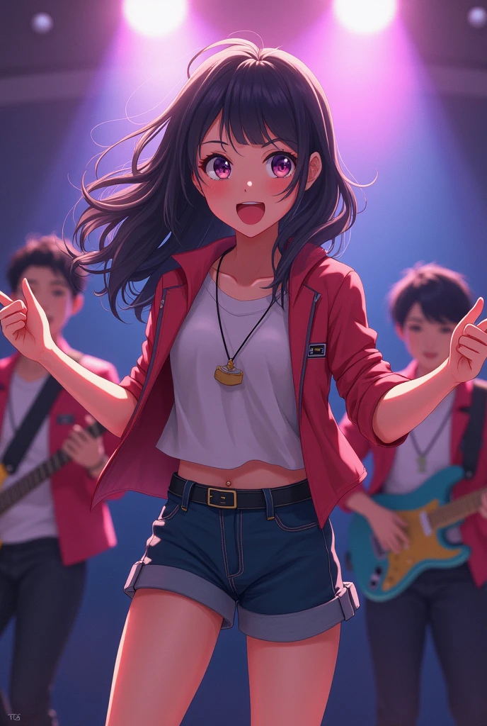 A medium shot of an anime girl leading the practice while the rest of the band follows her.. There is a strong focus on Miyu's expressiveness and room-filling music..