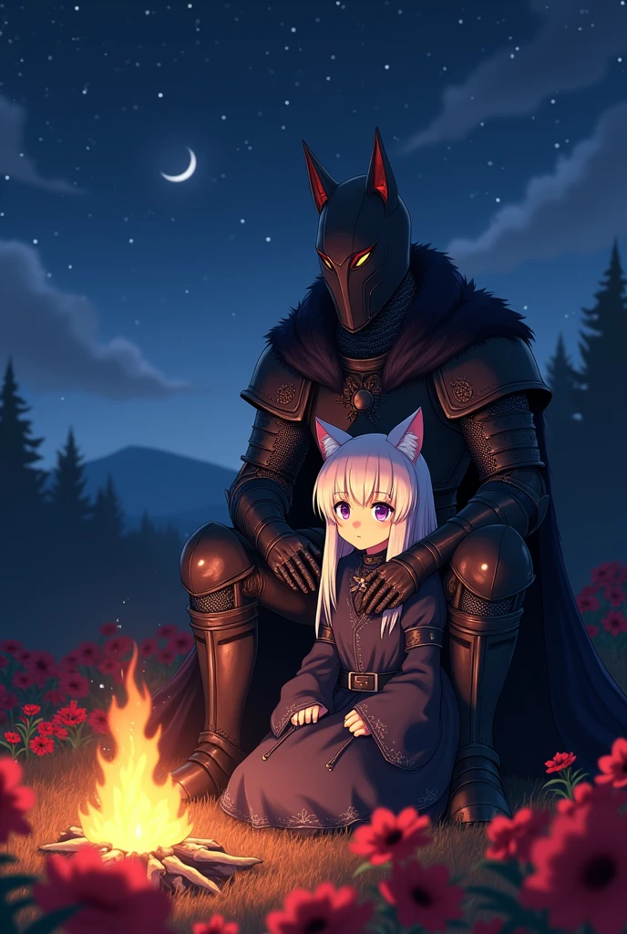 A knight in dark medieval adventurer armor, the knight also wears a dark medieval helmet shaped like a wolf&#39;s head which covers his entire face while he also wears a cape made of wolf fur which he uses to keep his wife warm., He is tall and in a field of red flowers as he sits in front of his campfire in the middle of the light of the stars and the moon next to his beloved anime wife Neko cat sitting next to him with white hair and bright purple eyes who is wearing a dark and fluffy medieval cloak as clothing while the knight caresses his head with one of his hands (make them both face the camera so I can see the knight from the front)
((Make image with anime art style))