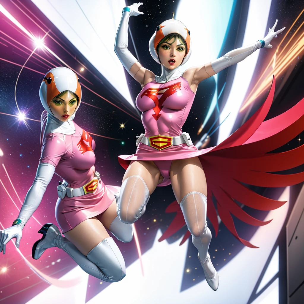 ANI_CLASSIC_jun_gatchaman_ownwaifu,1girl, ,good anatomy, masterpiece, best quality,realistic, hyperrealistic, 16k hdr,breasts,green eyes,lips,large breasts,lipstick,makeup,gloves,cape,helmet,belt,elbow gloves,white gloves,mask,ultra miniskirt,leotard,spacesuit,white tight overknee highheels boots,pink dress,superhero,bodysuit,cleavage,erected nipples,((jumping poses)),cameltoe