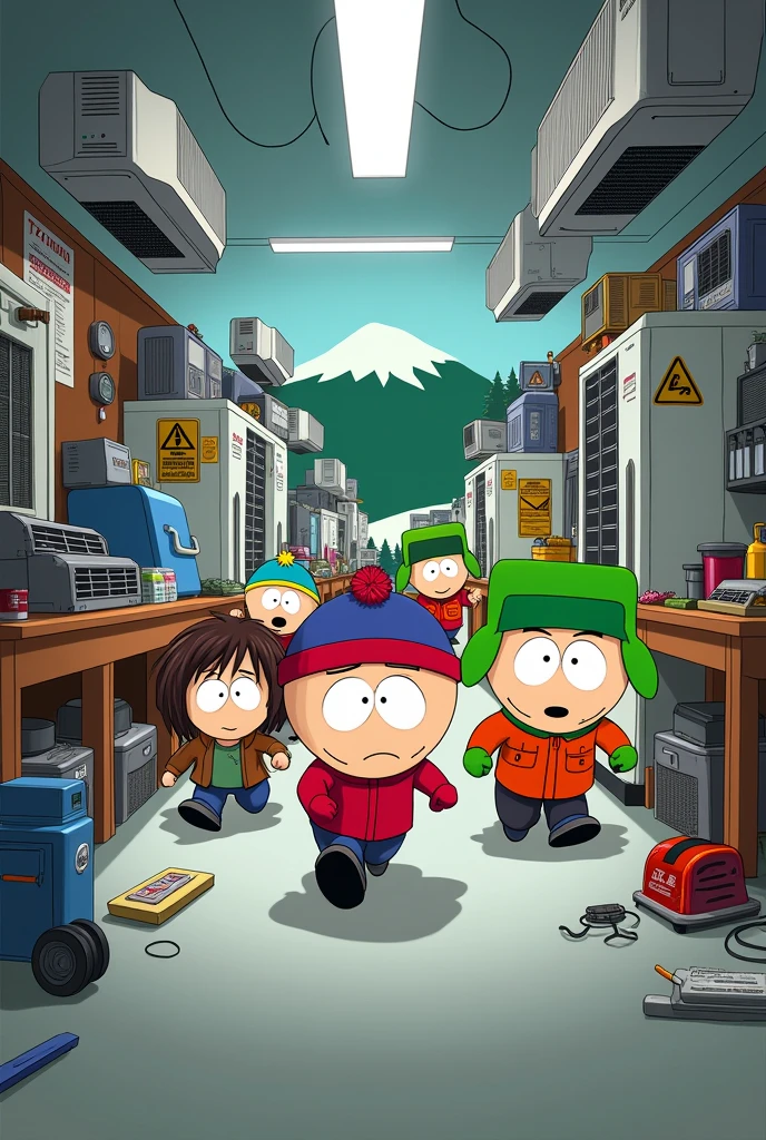 Make a drawing of the South Park series in which the characters are running in an air conditioning repair workshop in which there are air conditioners., Refrigerators and work tools on the floor or tables