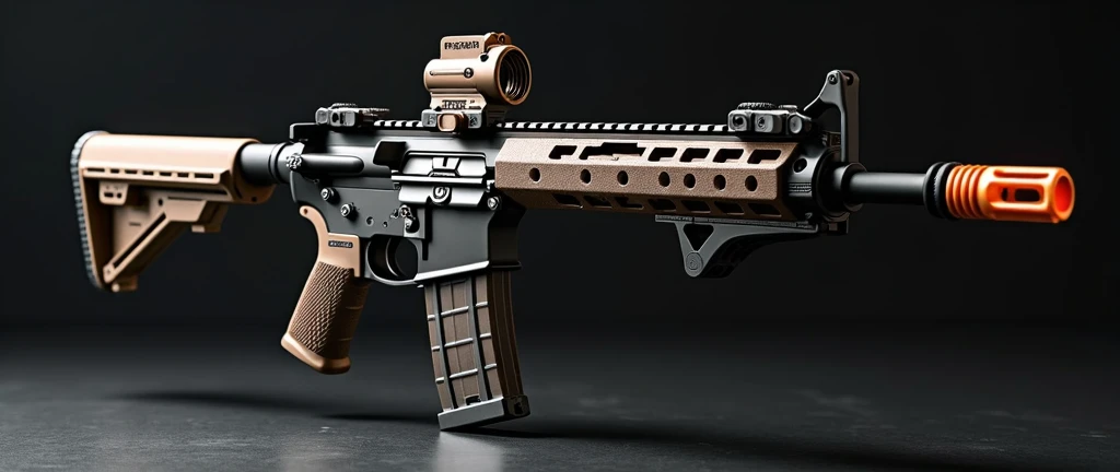 A highly detailed, photorealistic, 8K photograph of a custom-modified modern M4A1 carbine rifle, bronze-colored handguard, LVOA-C style configuration, studio lighting, hyperrealistic, masterful lighting and shading, cinematic composition, intricate textures, premium quality